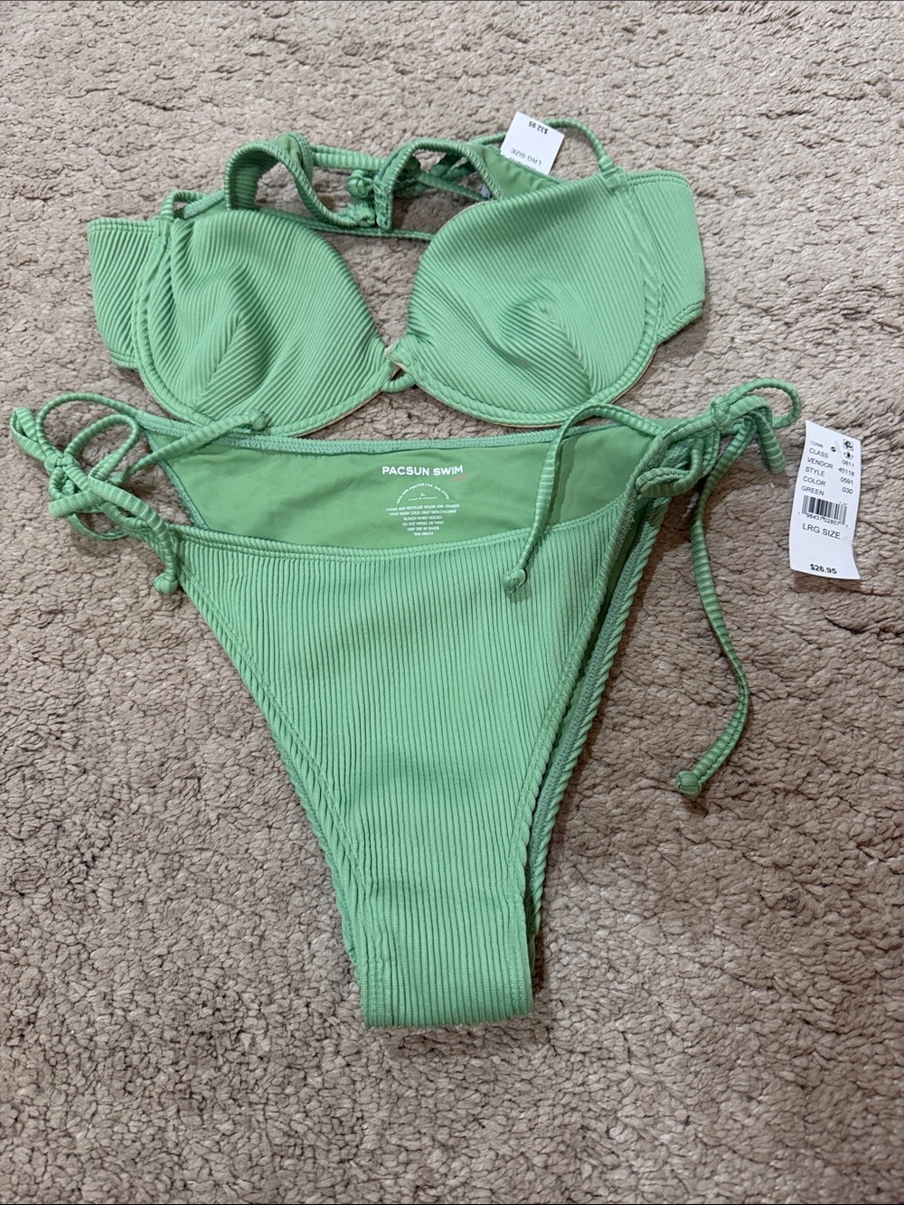 NWT PacSun Ribbed Green String Tie Bikini Set size L